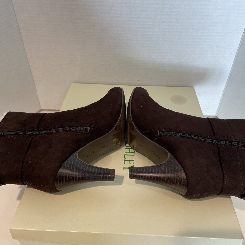 Laura Ashley Faux Suede Booties Heels Women's 6.5 Chocolate Buckle Heritage NIB - Picture 8 of 13